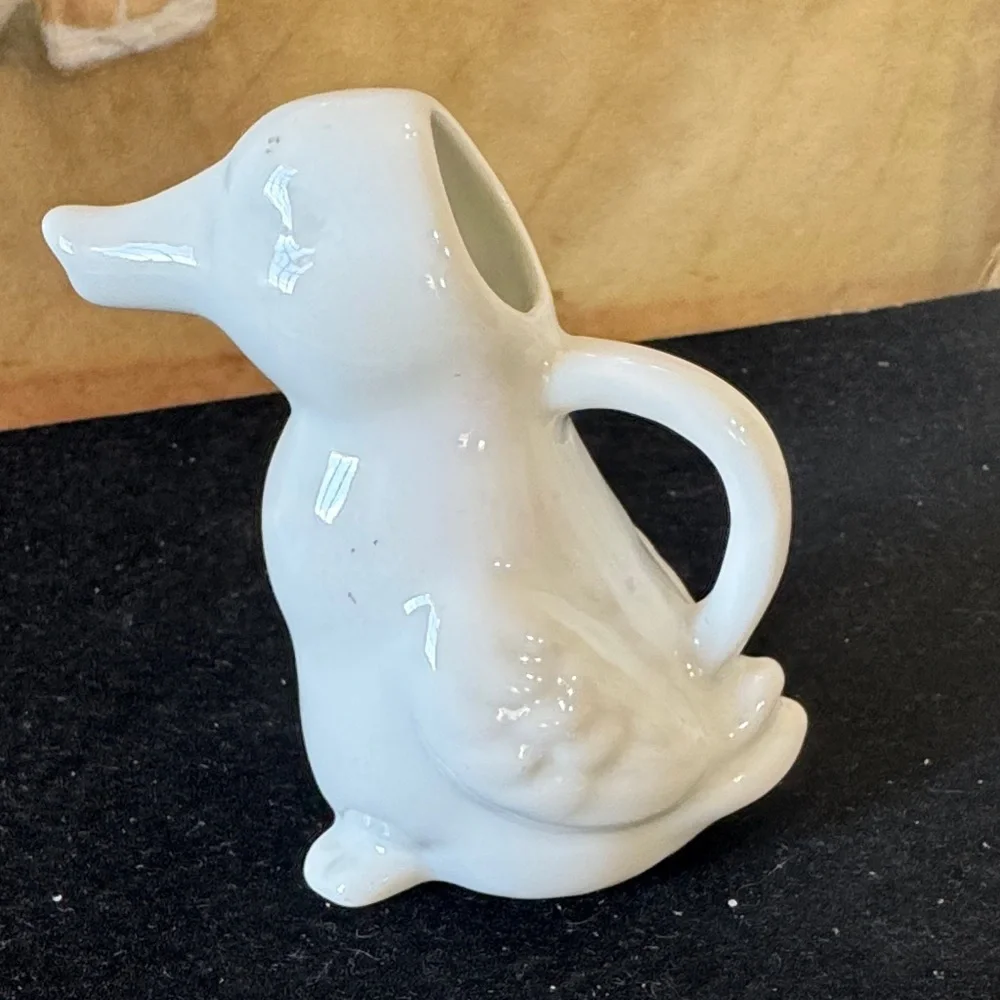 Set of small White Ceramic Animal Figurines creamer Duck and Cow